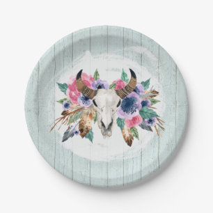 Rustic Floral Cow Skull Watercolor Boho Wedding Paper Plates