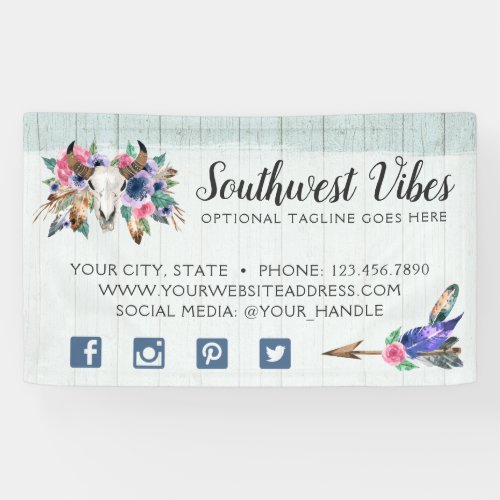 Rustic Floral Cow Skull Watercolor Wood Boho Chic Banner