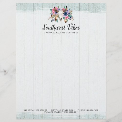 Rustic Floral Cow Skull Watercolor Wood Boho Chic Letterhead