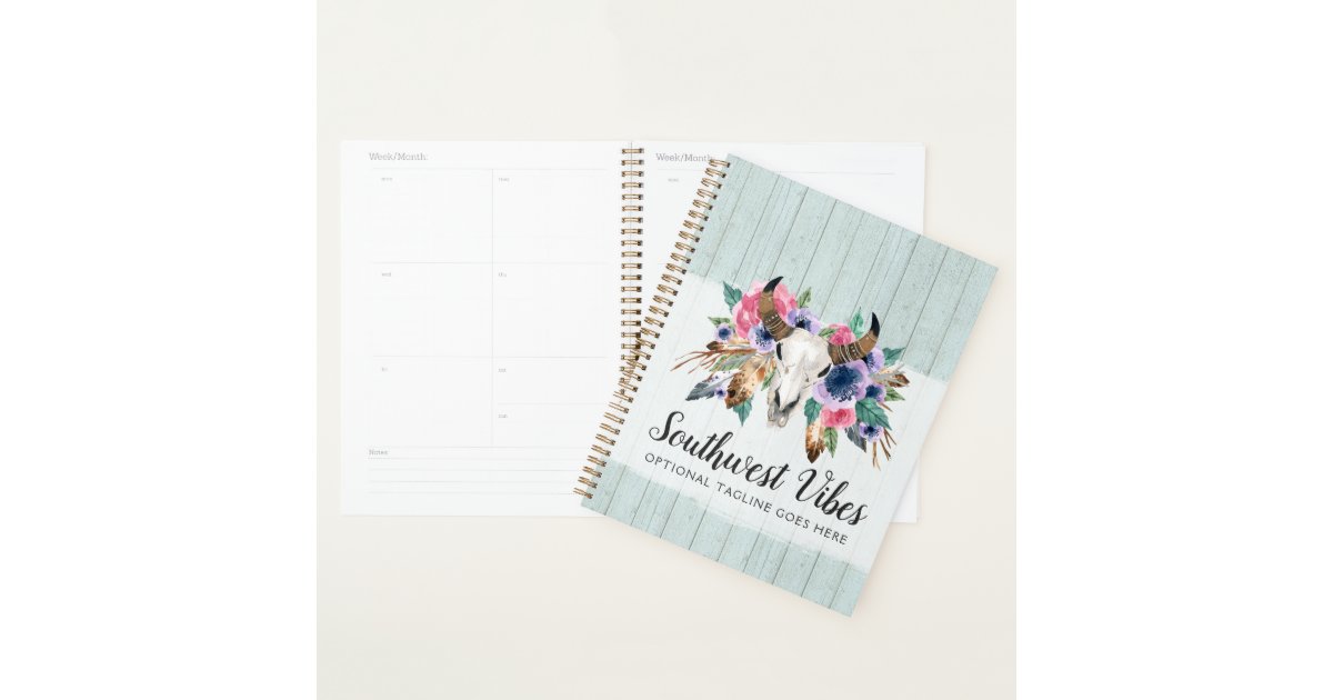 Rustic Floral Cow Skull Watercolor Wood Boho Chic Planner | Zazzle.com