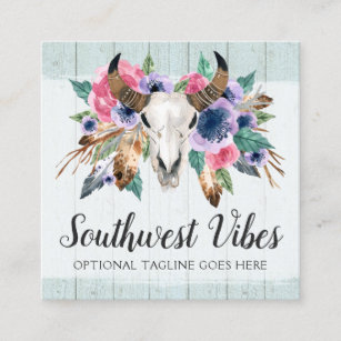 Rustic Floral Cow Skull Watercolor Wood Boho Chic Square Business Card