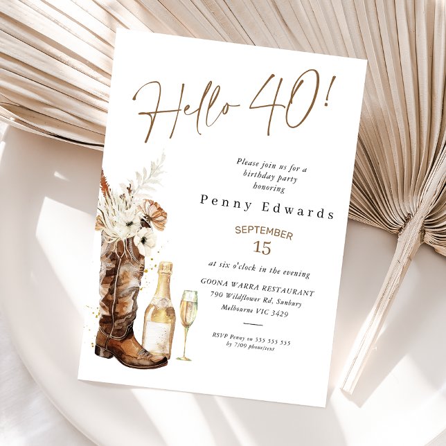 Rustic Floral Cowgirl Boot Champagne 40th Birthday Invitation (Western Cowgirl 40th Birthday Invitation, Hello 40 Cowgirl Boot Birthday Invitation, Boho Floral)