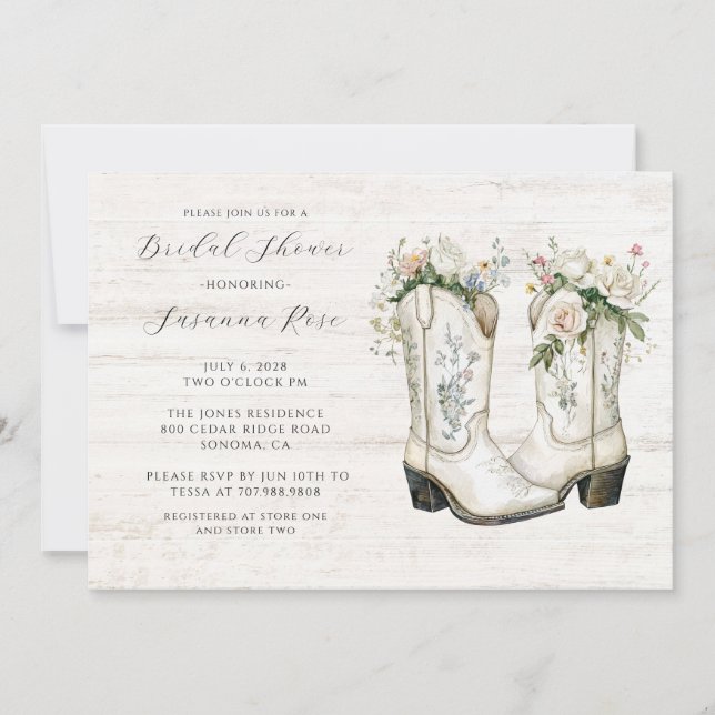 Rustic Floral Cowgirl Boots Bridal Shower Invitation (Front)