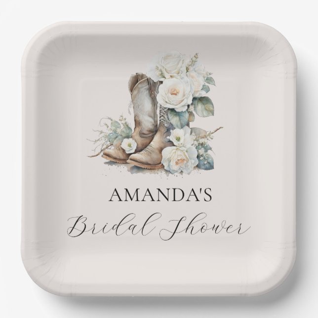 Rustic Floral Cowgirl Boots Bridal Shower Paper Plates (Front)