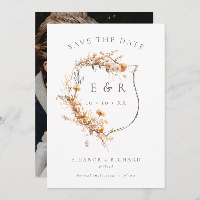 Rustic Floral Crest Monogram Fall Wedding Photo Save The Date (Front/Back)