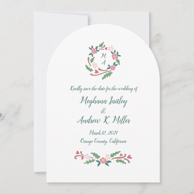 Rustic Floral Crest with Monogram Save The Date (Front)