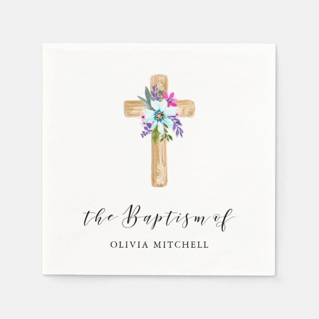 Rustic Floral Cross and Flowers | Baptism Napkins (Front)