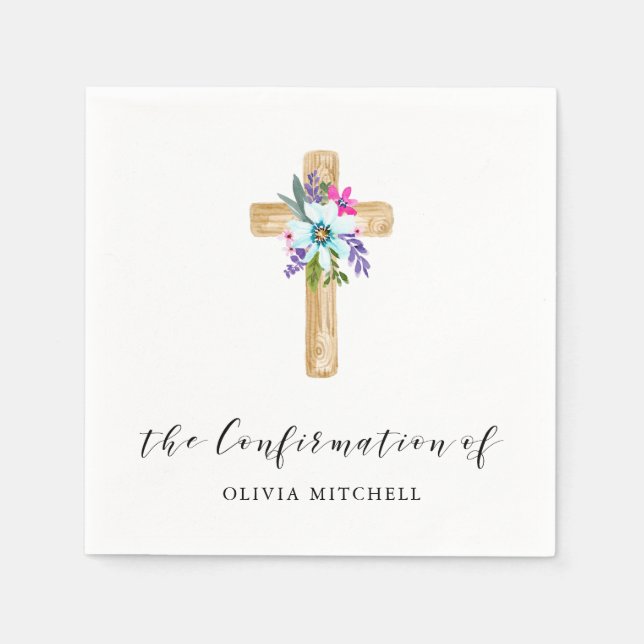 Rustic Floral Cross and Flowers | Confirmation Napkins (Front)