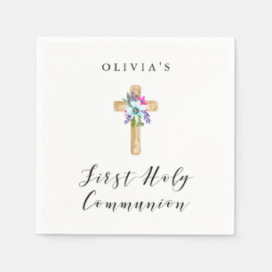 Rustic Floral Cross and Flowers First Communion Napkins