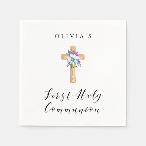 Rustic Floral Cross and Flowers  First Communion Napkins