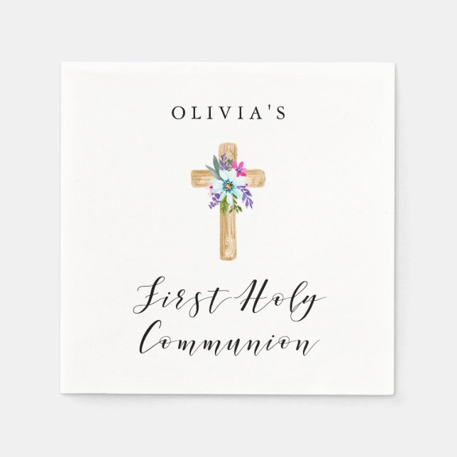 Rustic Floral Cross and Flowers | First Communion Napkins (Front)