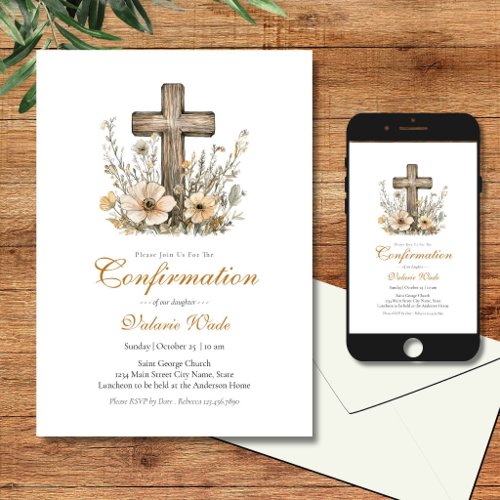 Rustic Floral Cross Girls Confirmation Invitation