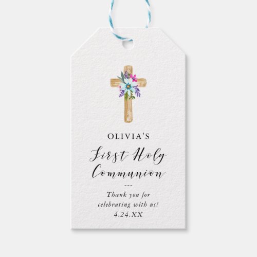 Rustic Floral Cross Kraft Look  First Communion Gift Tags