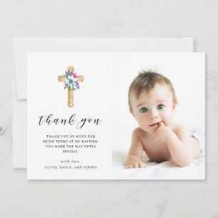 Rustic Floral Cross Kraft Look Photo Baptism Thank You Card