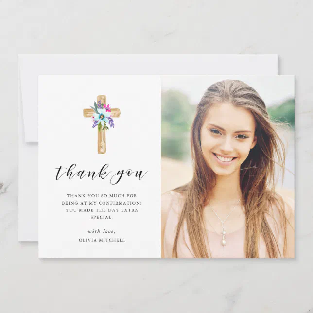 Rustic Floral Cross Kraft Look Photo Confirmation Thank You Card | Zazzle