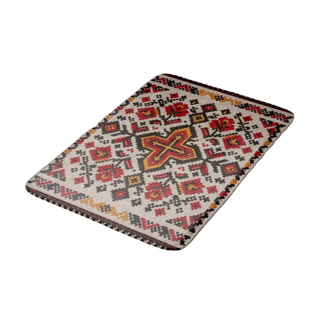 Rustic Floral Cross Stitch Folk Pattern Bath Mat (Angled)