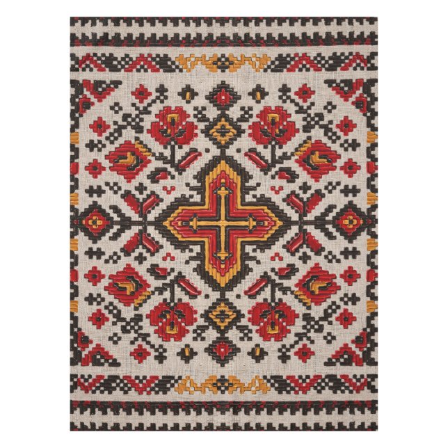 Rustic Floral Cross Stitch Folk Pattern Tablecloth (Front)