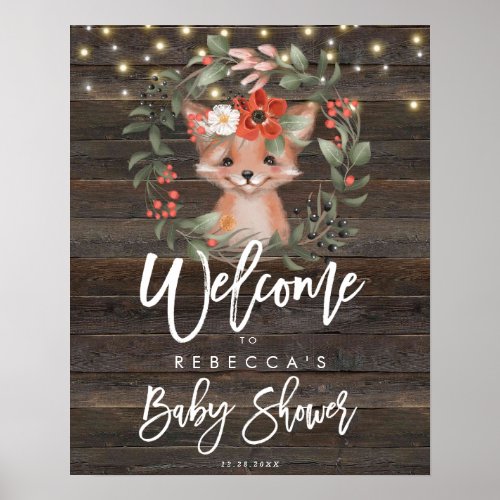 rustic floral cute fox baby shower welcome sign