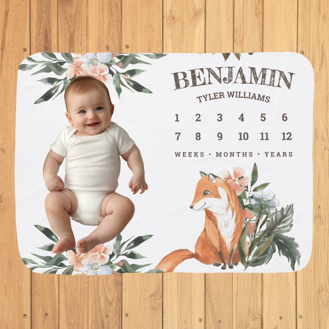 Rustic Floral Cute Fox Woodland Forest Milestone Baby Blanket (Creator Uploaded)