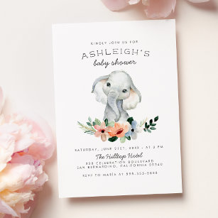 Rustic Floral Cute Pink Girl Elephant Baby Shower Invitation
