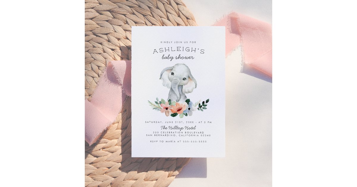Rustic Floral Cute Pink Girl Elephant Baby Shower Invitation | Zazzle