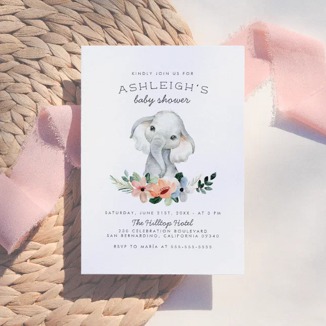 Rustic Floral Cute Pink Girl Elephant Baby Shower Invitation | Zazzle