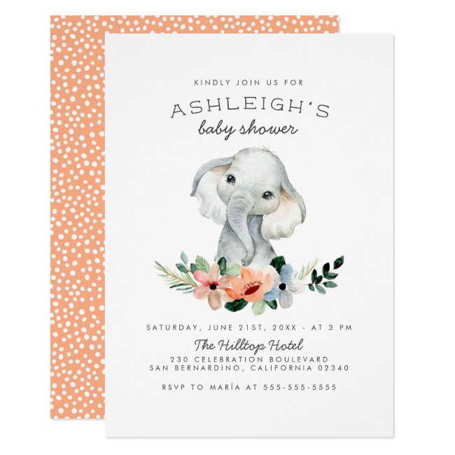 Rustic Floral Cute Pink Girl Elephant Baby Shower Invitation