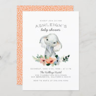 Rustic Floral Cute Pink Girl Elephant Baby Shower Invitation