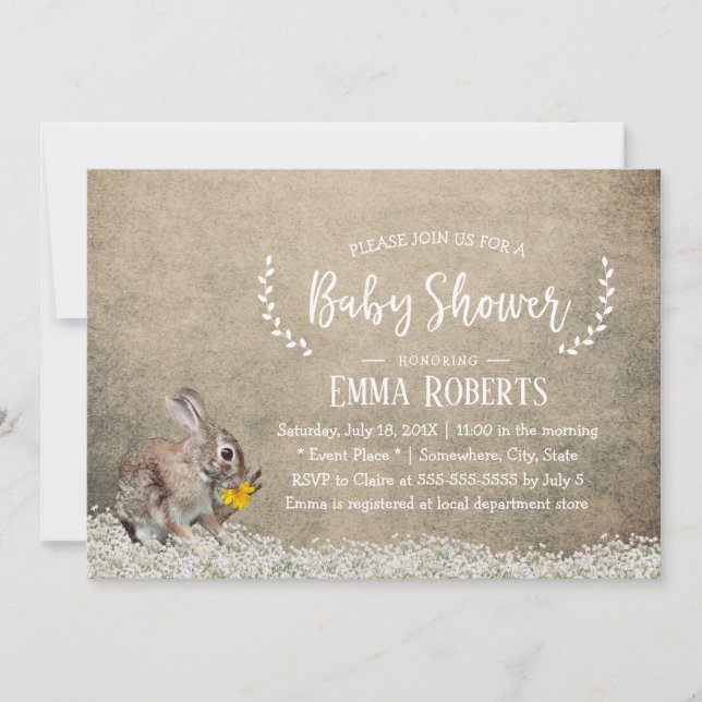 Rustic Floral Cute Rabbit Baby Shower Invitation (Front)