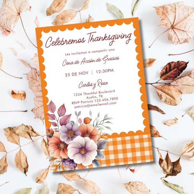 Rustic Floral Cute Spanish Español Thanksgiving  Invitation (Creator Uploaded)