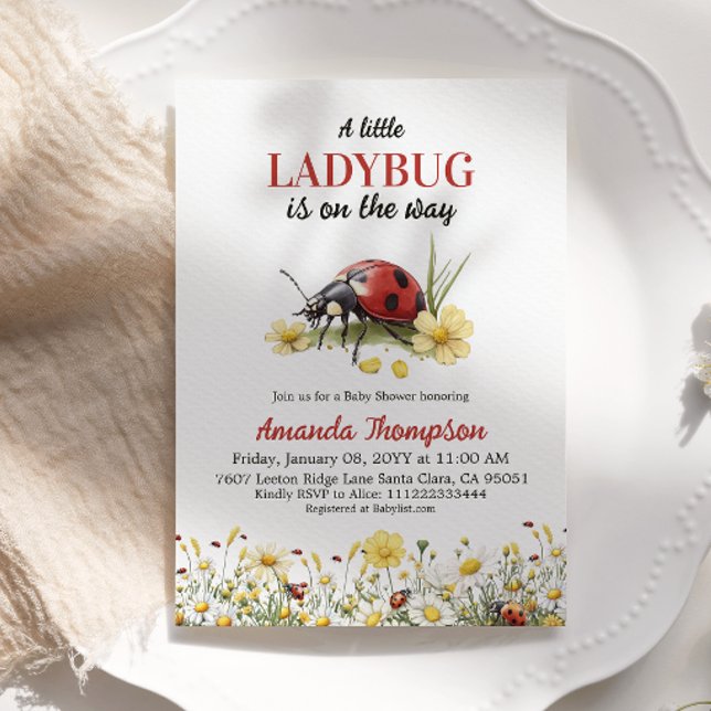 Rustic Floral Daisy A Little Ladybug Baby Shower Invitation (Creator Uploaded)