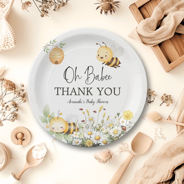 Rustic Floral Daisy Oh Babee Honey Bee Baby Shower Paper Plates (Creator Uploaded)