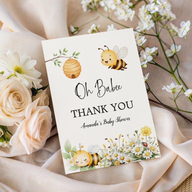 Rustic Floral Daisy Oh Babee Honey Bee Baby Shower Thank You Card (Creator Uploaded)