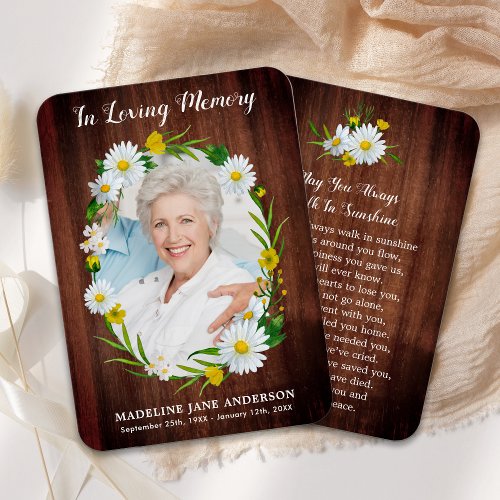 Rustic Floral Daisy Photo Memorial Prayer Card