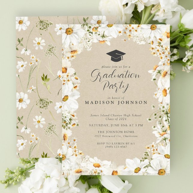 Rustic Floral Daisy Watercolor Graduation Party Invitation (Graduation Party Invitation)