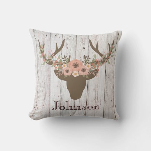 Rustic Floral Deer Buck Head Antlers On Wood Throw Pillow