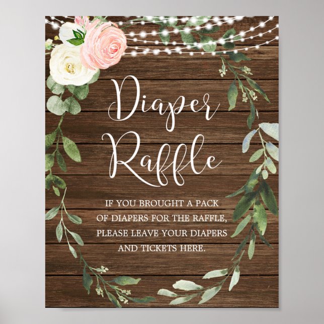 Rustic floral Diaper raffle sign girl baby shower (Front)