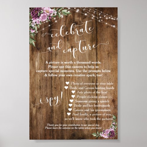 Rustic Floral Disposable Camera Instructions Sign
