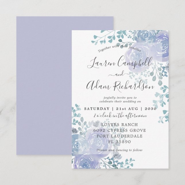 Rustic Floral Dusty Blue & Purple Wedding  Invitat Invitation (Front/Back)