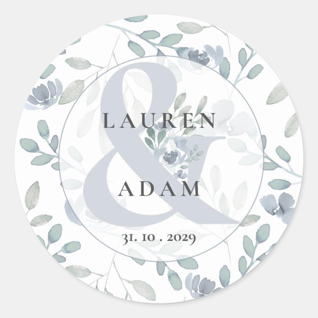 Rustic Floral  Dusty Blue Watercolor Wedding Class Classic Round Sticker (Front)