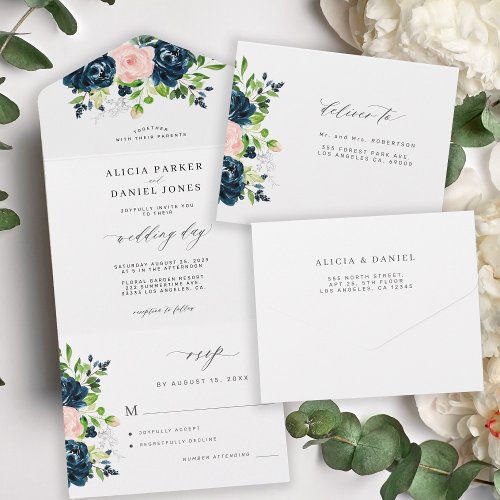 Rustic floral elegant calligraphy wedding RSVP All In One Invitation