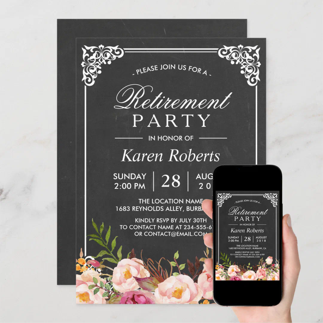 Rustic Floral Elegant Chalkboard Retirement Party Invitation (Downloadable)