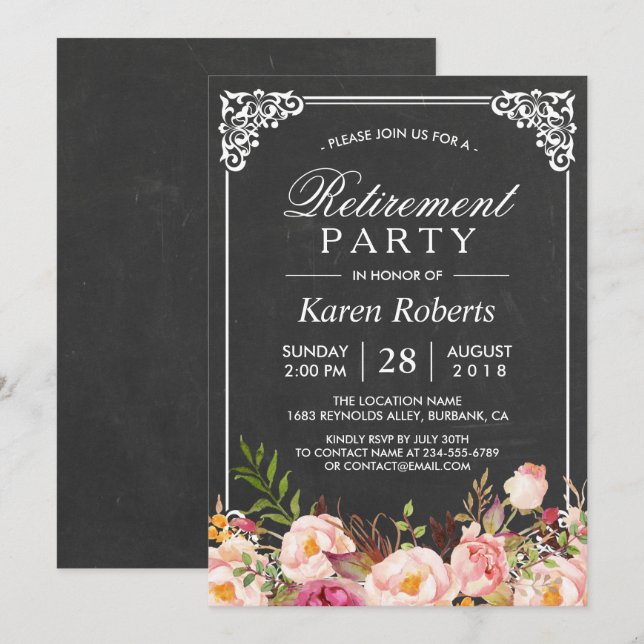 Rustic Floral Elegant Chalkboard Retirement Party Invitation (Front/Back)