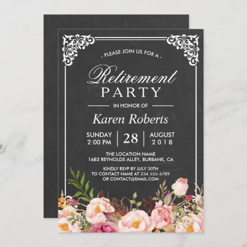 Rustic Floral Elegant Chalkboard Retirement Party Invitation