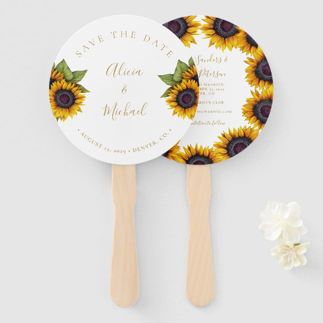 Rustic floral elegant script wedding save date han hand fan (Front and Back)
