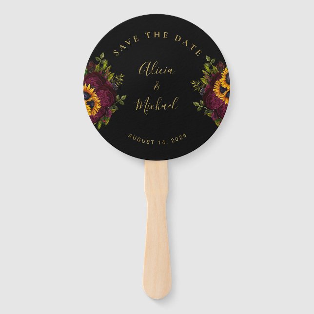 Rustic floral elegant script wedding save date han hand fan (Front)