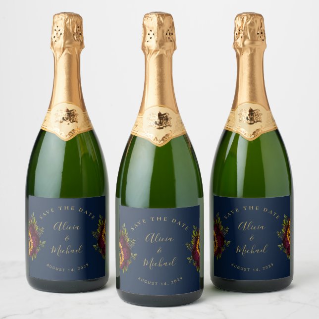 Rustic floral elegant script wedding save date han sparkling wine label (Bottles)