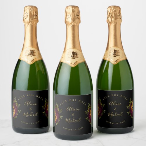 Rustic floral elegant script wedding save date han sparkling wine label