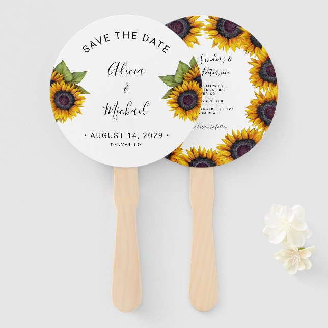 Rustic floral elegant script wedding save date hand fan (Front and Back)
