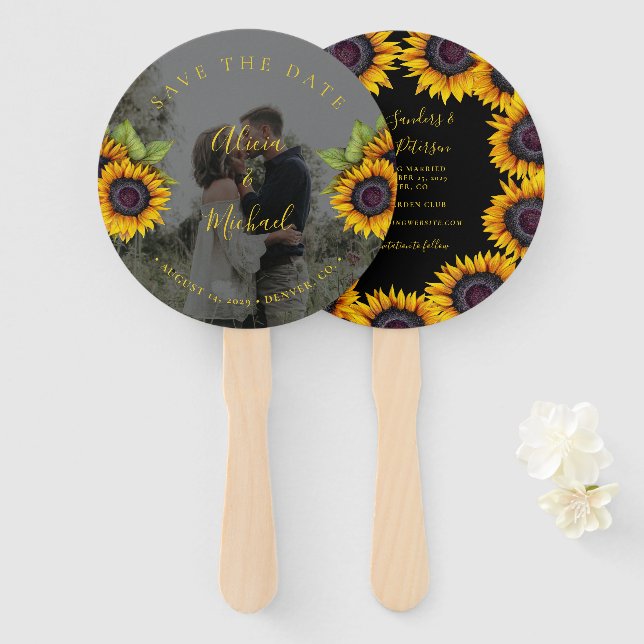 Rustic floral elegant wedding photo save date hand fan (Front and Back)